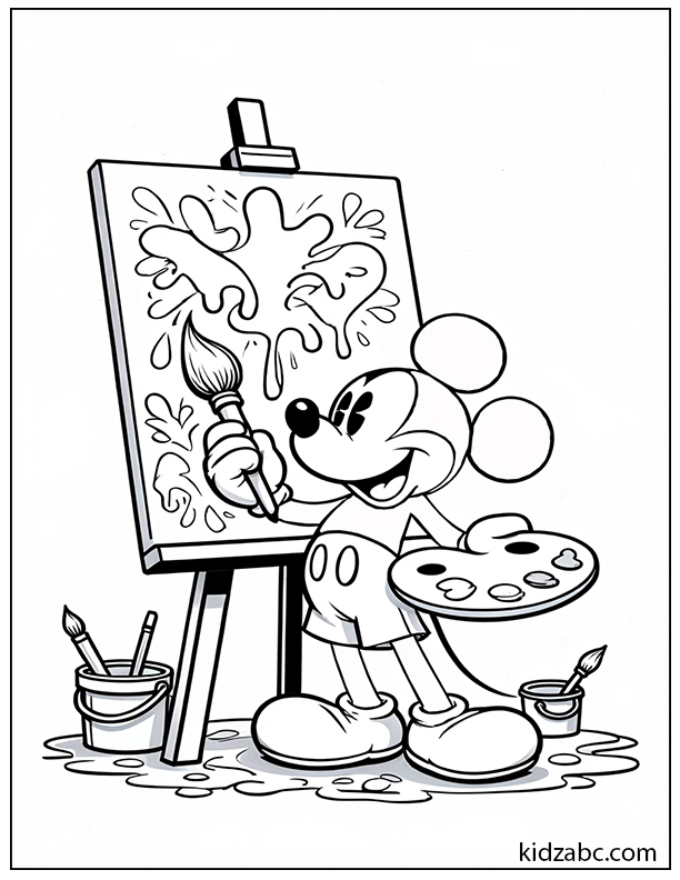 Mickey Mouse painting on a big canvas with colorful splashes