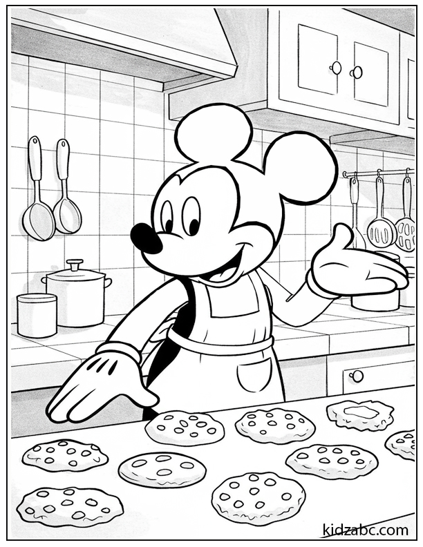 Mickey Mouse proudly presents his freshly baked cookies in a cozy kitchen