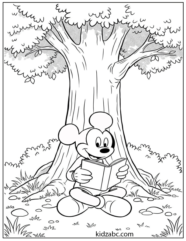 Mickey Mouse reading a captivating book under a large shady tree
