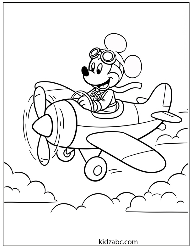 Mickey Mouse soaring through the sky in his vintage airplane