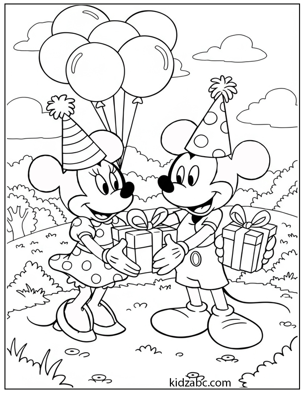 Mickey and Minnie Mouse exchange birthday gifts and balloons outside