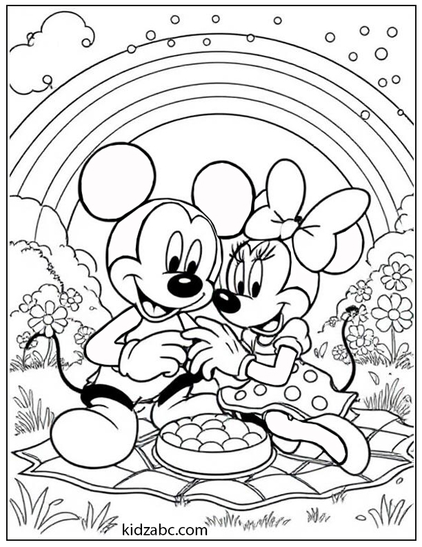 Mickey and Minnie on a magical picnic under a rainbow