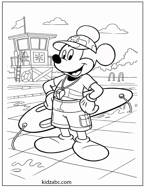 Mickey as a lifeguard by the pool