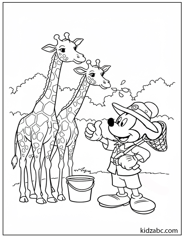 Mickey as a zookeeper feeding giraffes