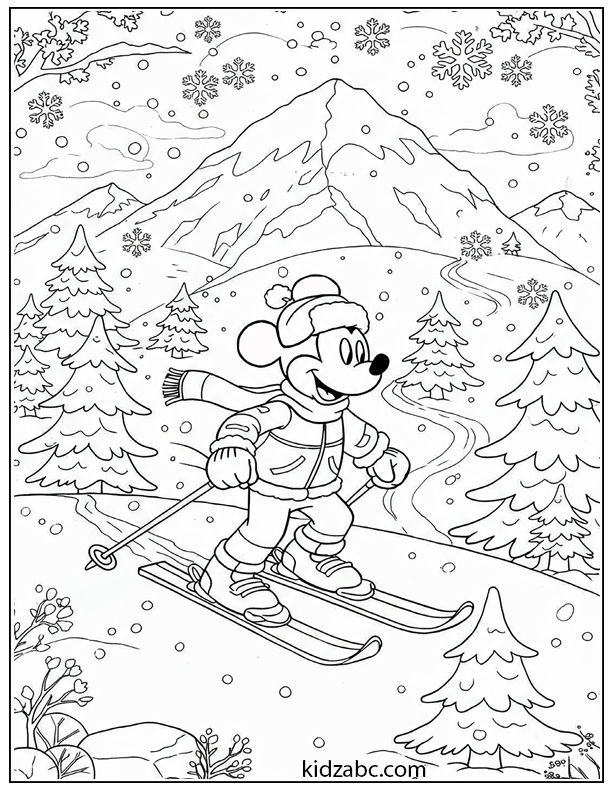 Mickey on a snowy mountain with skis