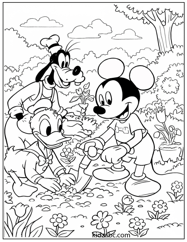 Mickey planting flowers with friends