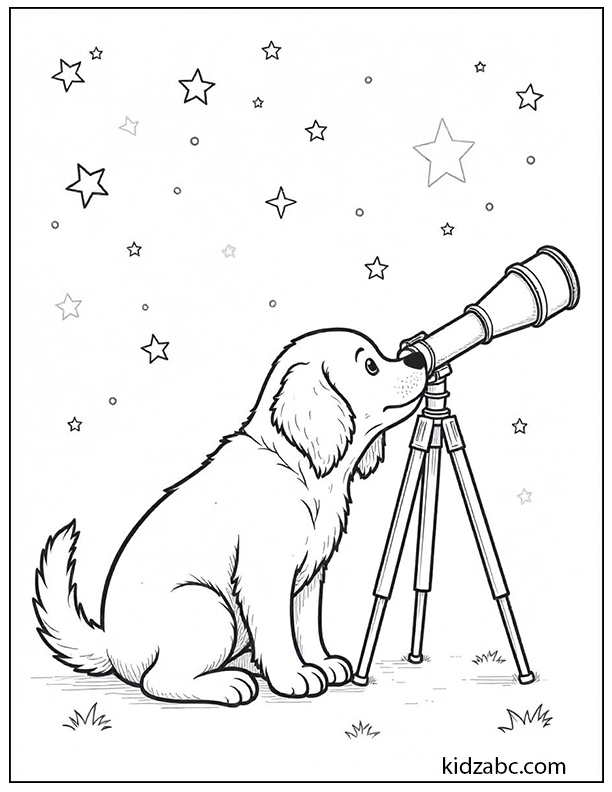 Puppy looking at stars through a telescope