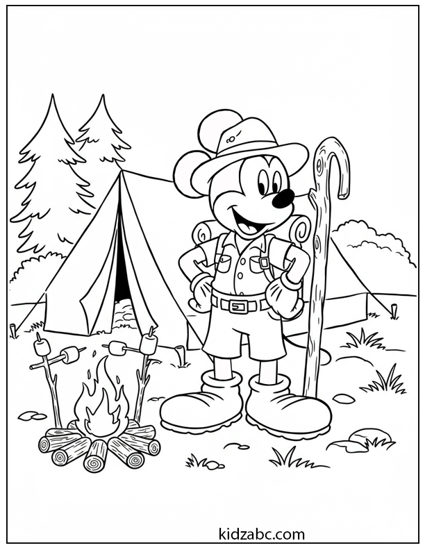 Scout Mickey Mouse ready for camping adventure with tent and campfire