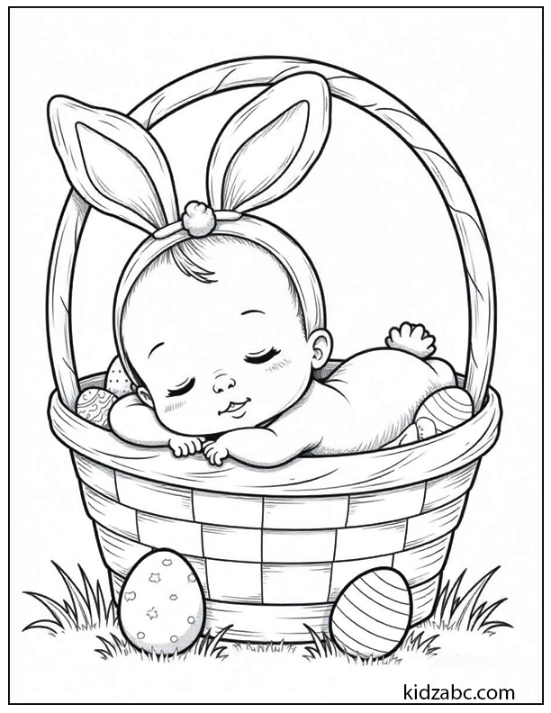 Sleeping baby dressed as a bunny in an Easter basket