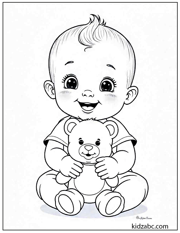 Smiling baby with a teddy bear