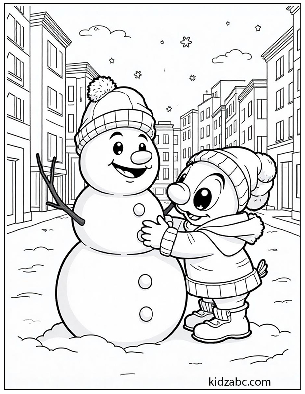 Stitch building a snowman