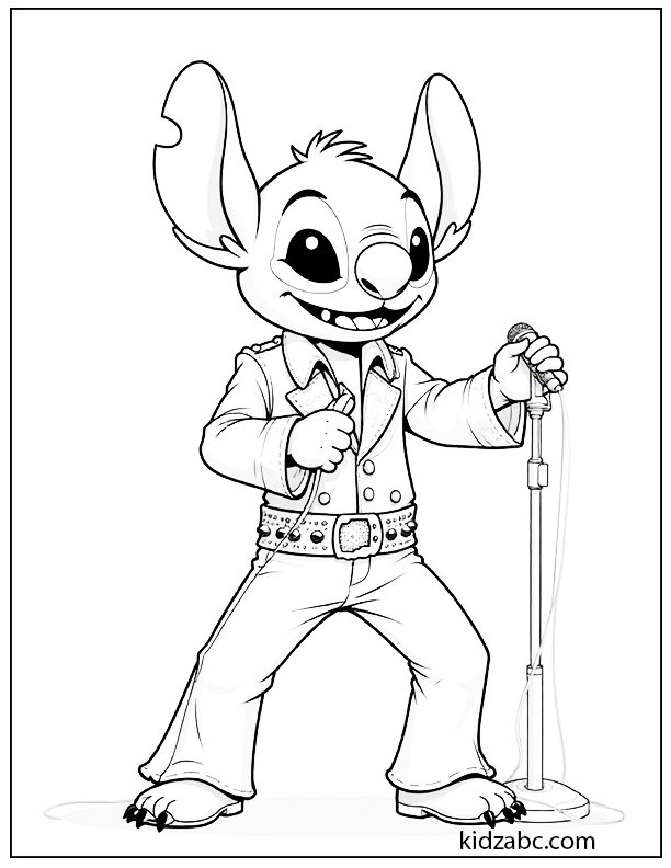 Stitch dressed as Elvis Presley performing on stage