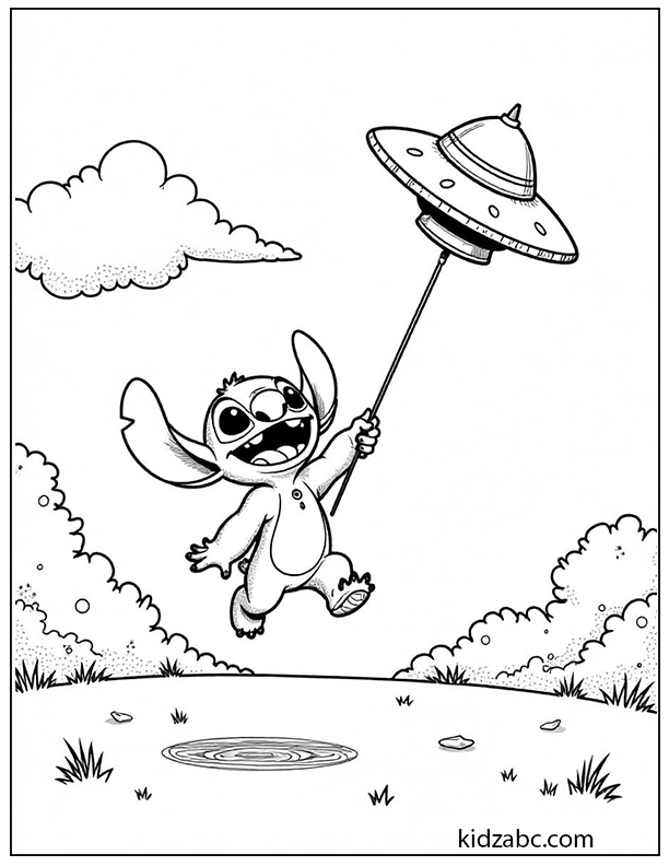 Stitch flying a kite shaped like a UFO