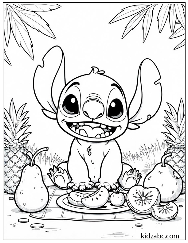 Stitch having a picnic with tropical fruits and silly faces