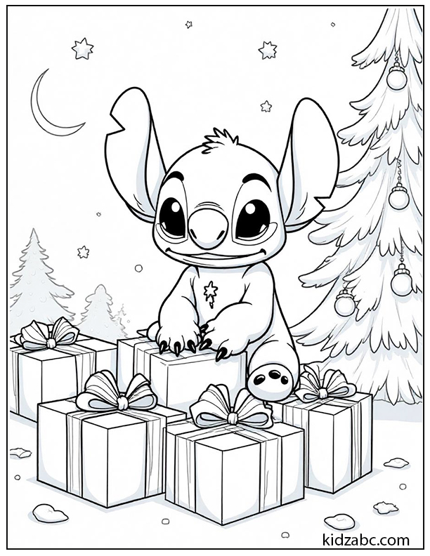 Stitch opening Christmas gifts