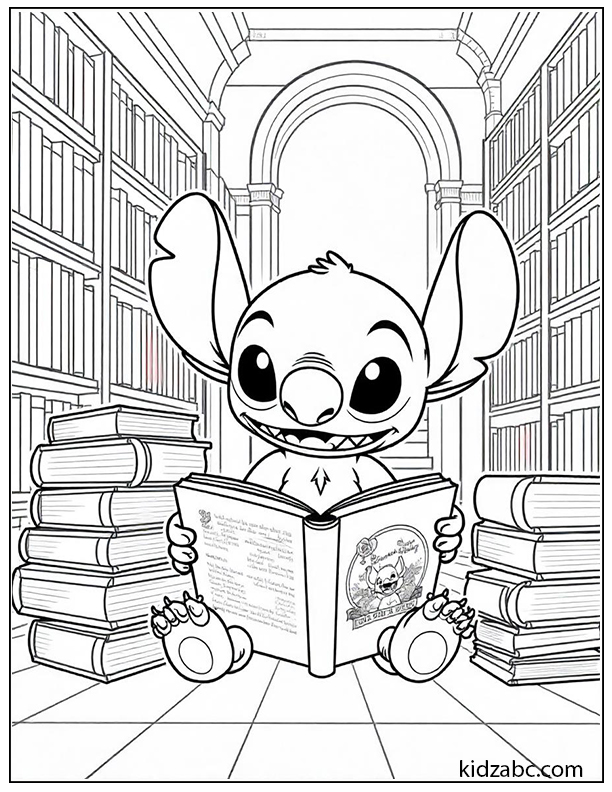 Stitch reading books in the library