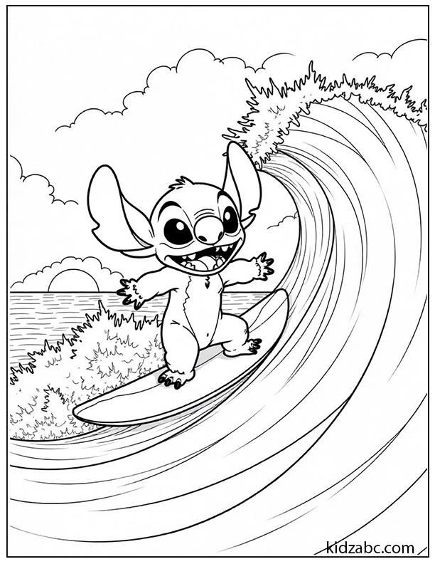 Stitch surfing a big wave in Hawaii with a tropical sunset