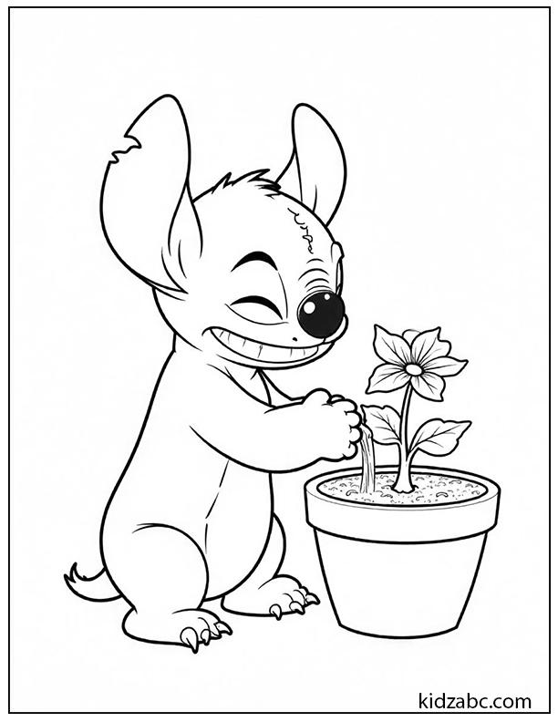 Stitch watering a tiny alien plant in a flower pot