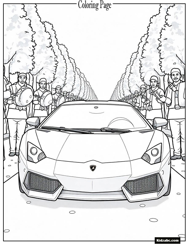 A Lamborghini in a parade with musical instruments and confetti