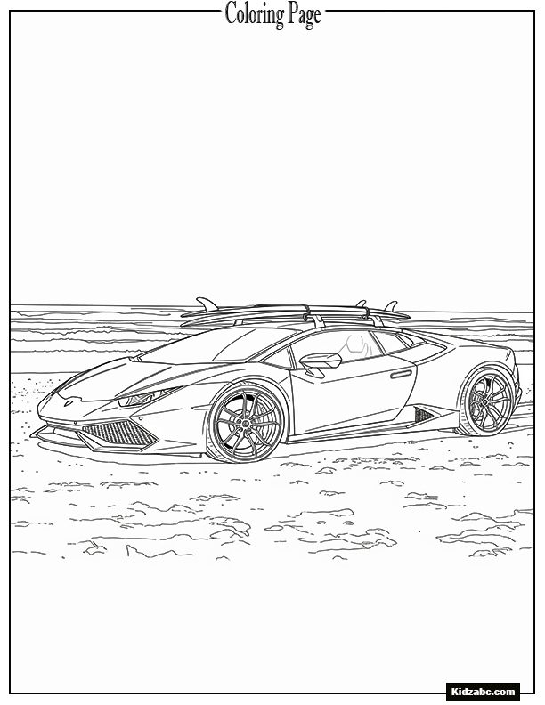 A Lamborghini on a beach with surfboards on top