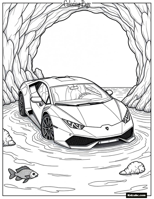 A Lamborghini submerged half underwater with fish swimming around