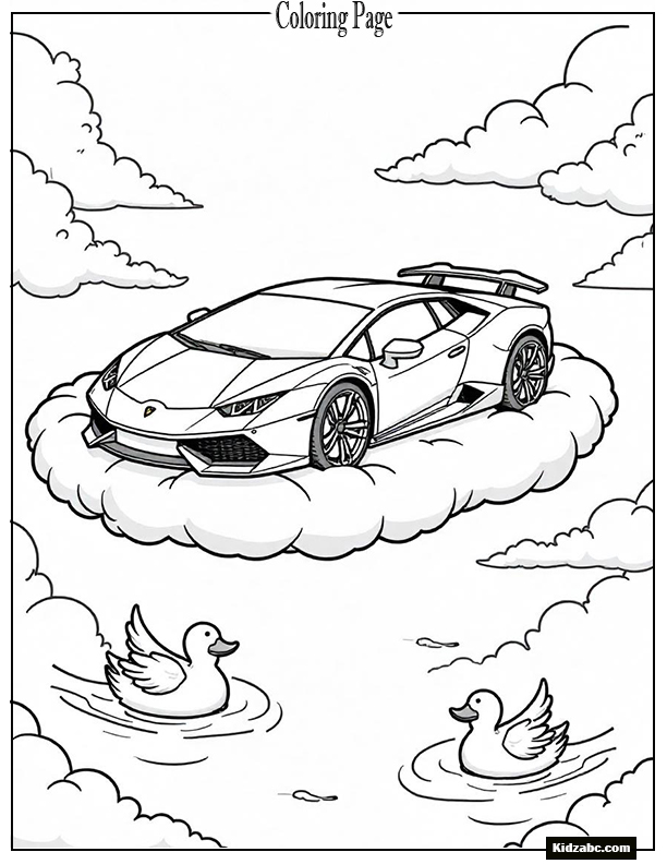 A cartoon-style Lamborghini floating on a raft, with ducks swimming nearby