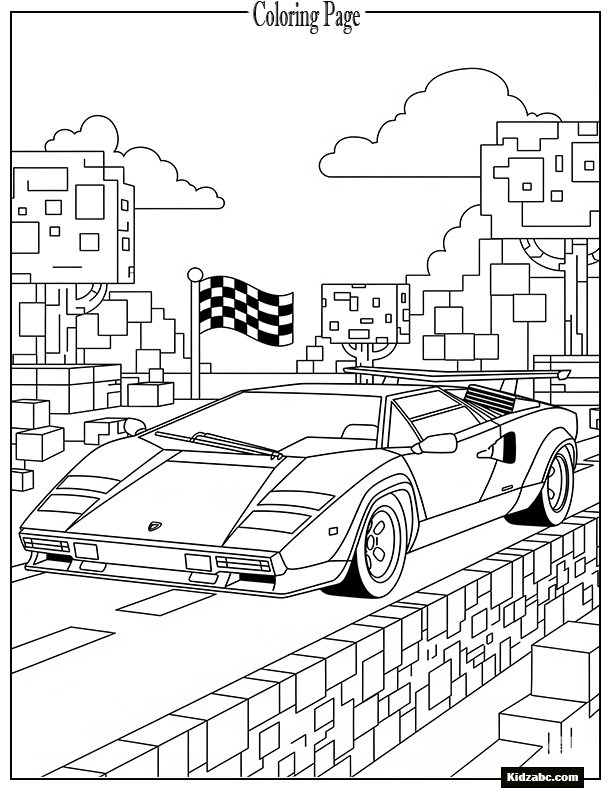 A classic supercar waits at the finish in a blocky world