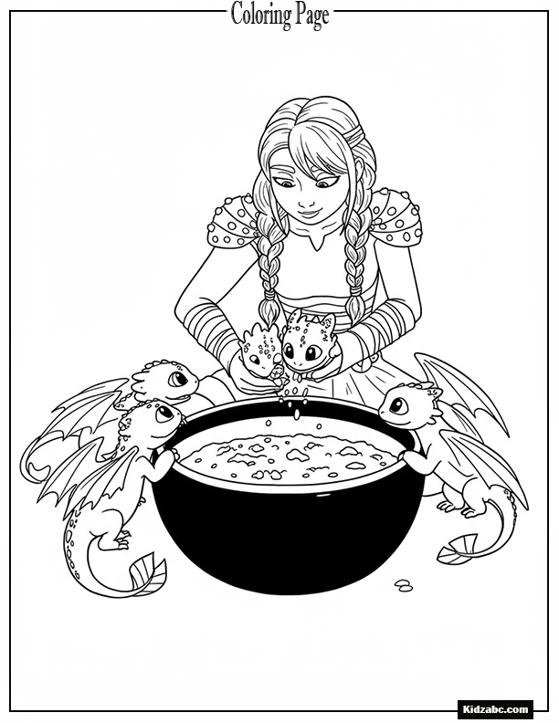Astrid feeding dragon babies from a giant bowl