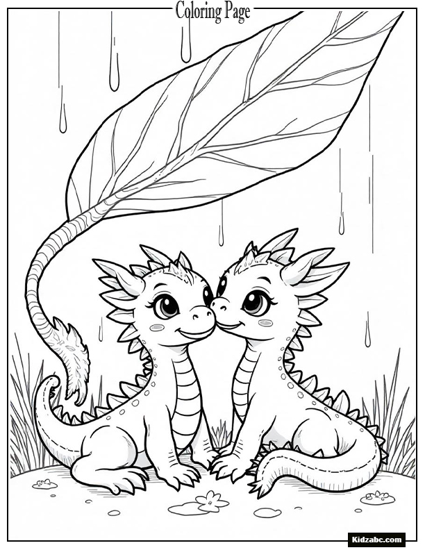 Baby dragons cuddling together under a big leaf