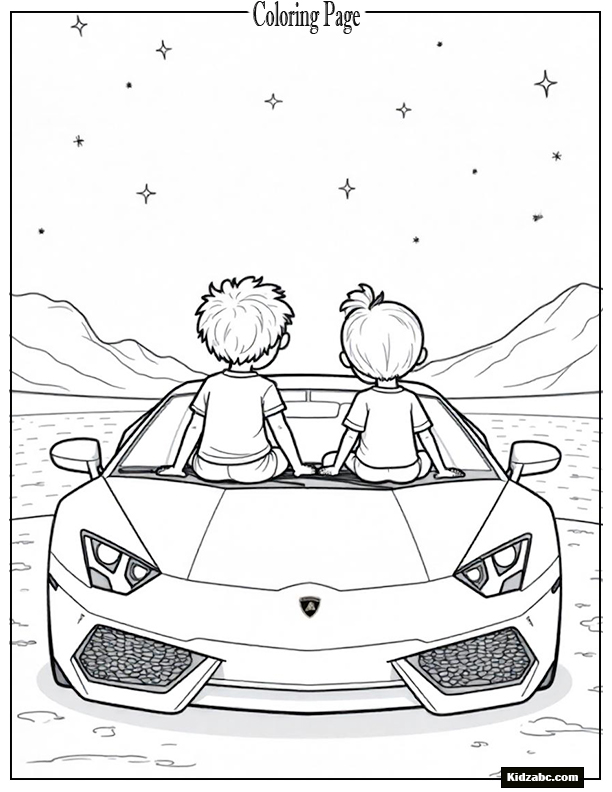 Children sitting on the hood of a Lamborghini, drawing with chalk