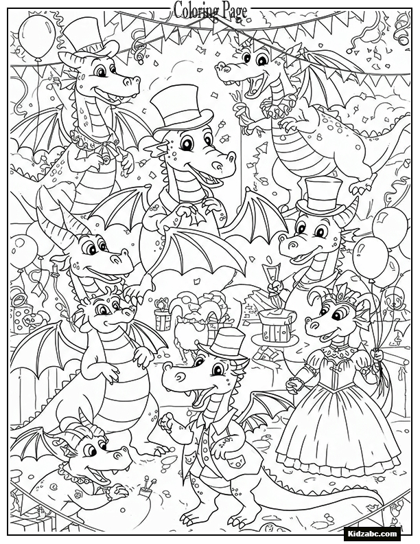 Dragons wearing costumes and hats at a party