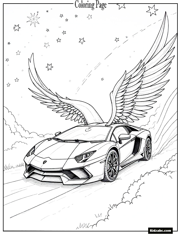 Flying Lamborghini with wings soaring through clouds with a rainbow trail
