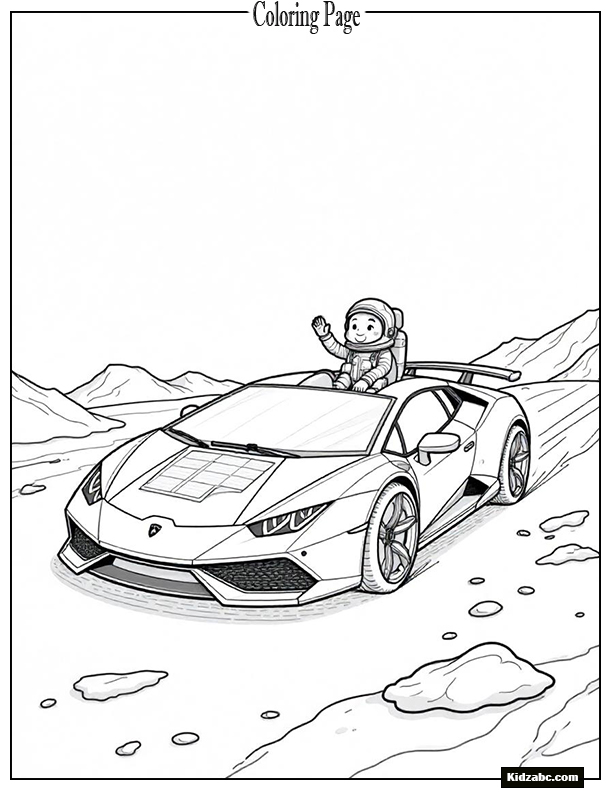 Futuristic Lamborghini driving on the moon with astronaut waving