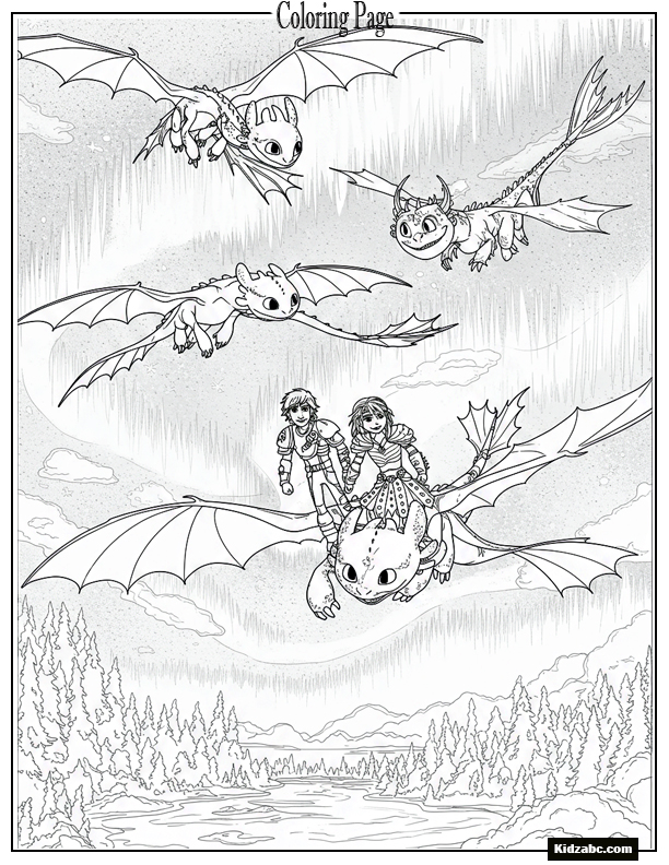 Hiccup, Astrid, and dragons flying through northern lights