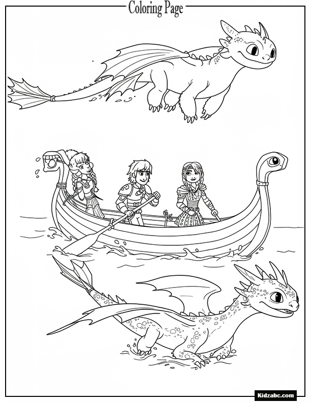 Hiccup and Astrid paddling a boat with their dragons swimming beside