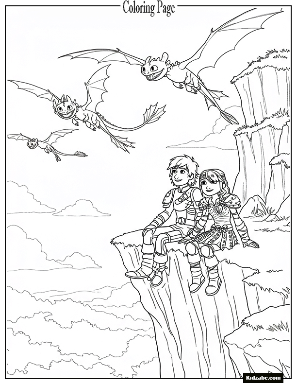 Hiccup and Astrid sitting on a cliff watching dragons fly