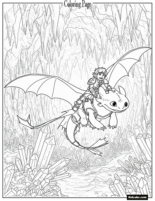 Hiccup and Toothless riding through a sparkling cave