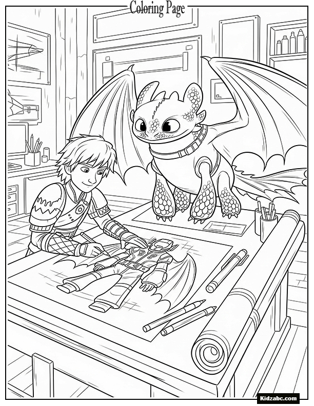 Hiccup designing a flying suit while Toothless models