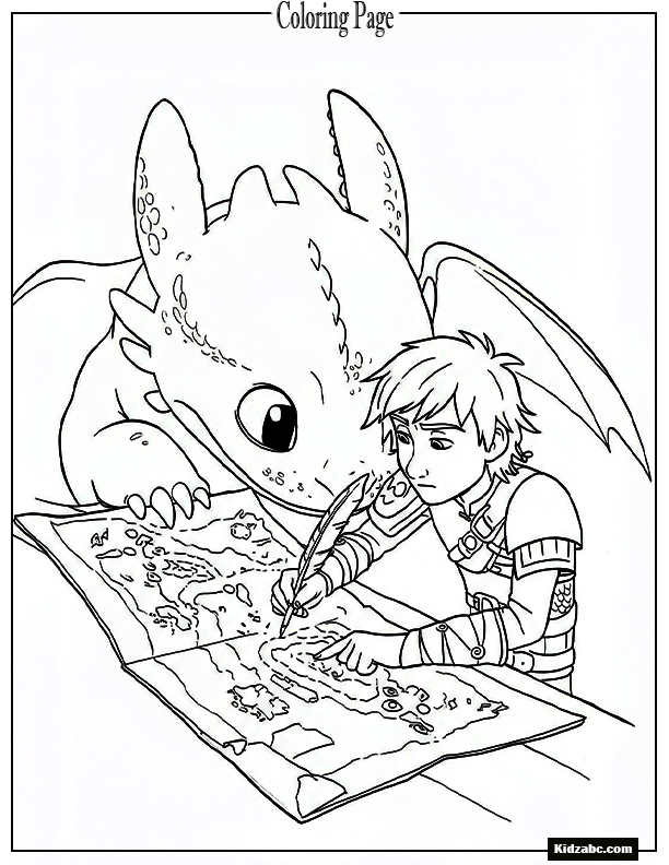 Hiccup drawing a dragon map while Toothless helps hold the paper