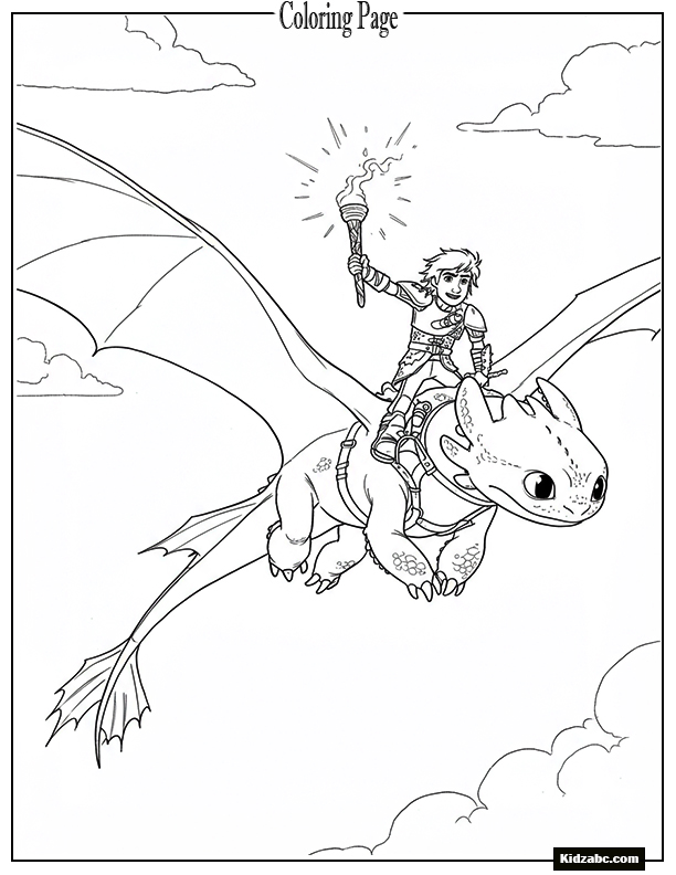 Hiccup riding Toothless while holding a glowing torch