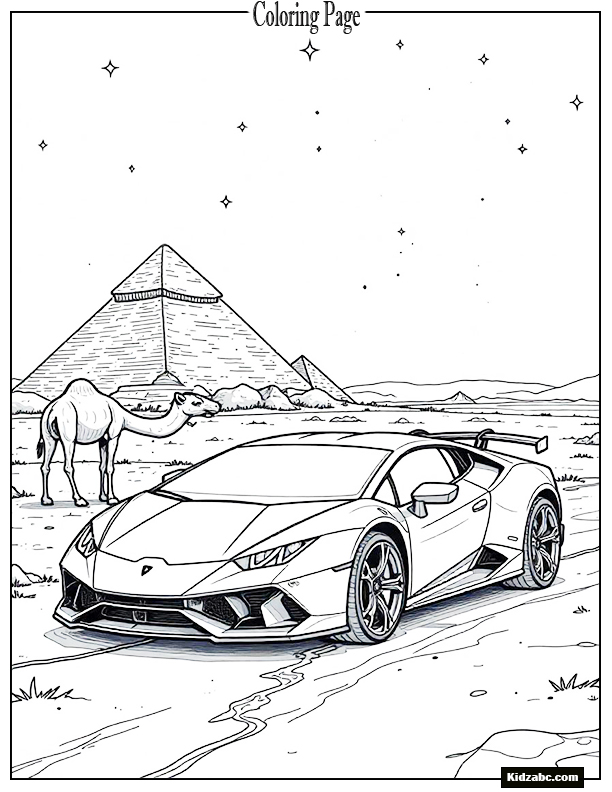 Lamborghini Veneno driving past pyramids with camels watching