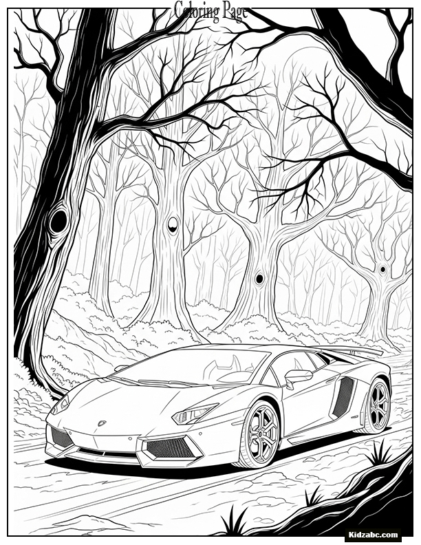 Lamborghini driving through a spooky forest on Halloween night