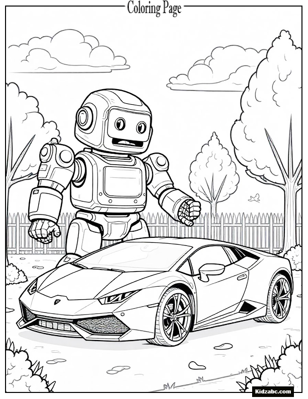 Lamborghini next to a giant toy robot in a playground