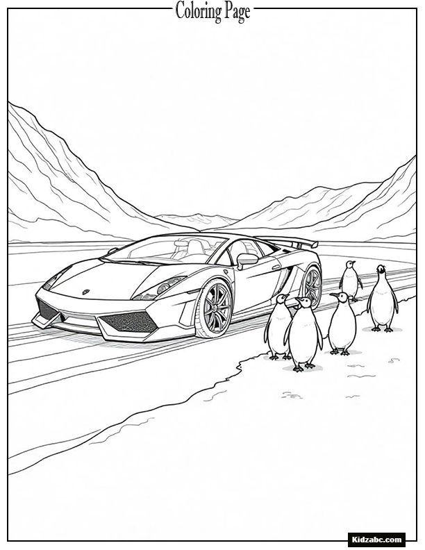 Lamborghini on icy terrain with snow tires, penguins cheering