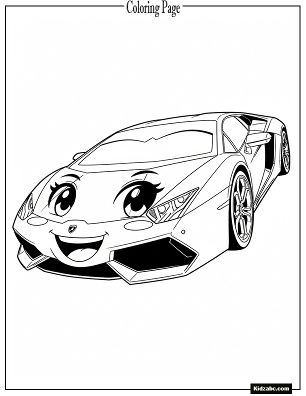 Lamborghini with anime-style eyes and smile in a kawaii pose