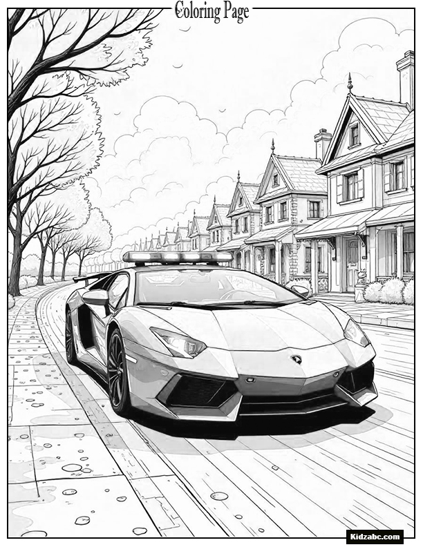 Police-themed Lamborghini speeding through a comic city chase