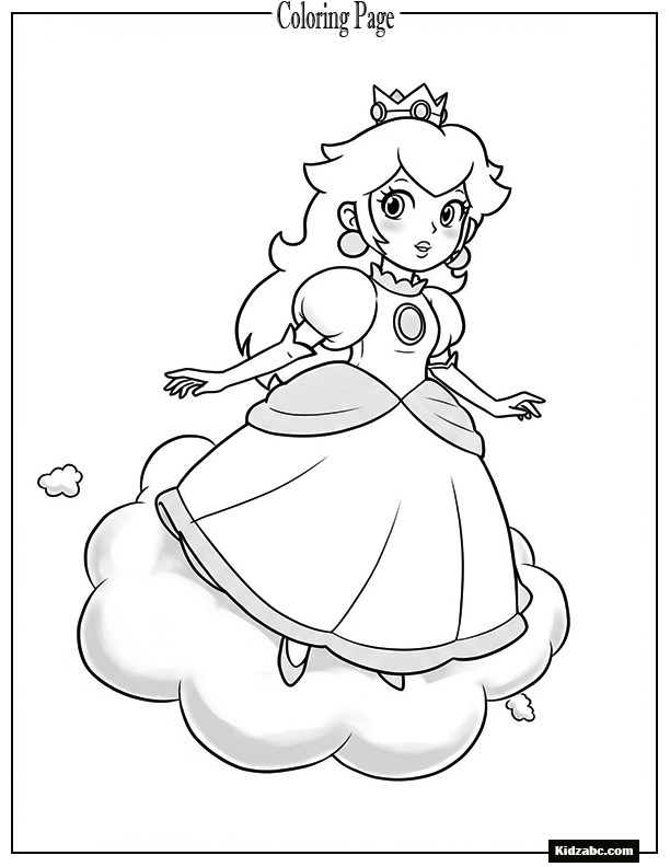Princess Peach flying on a fluffy cloud