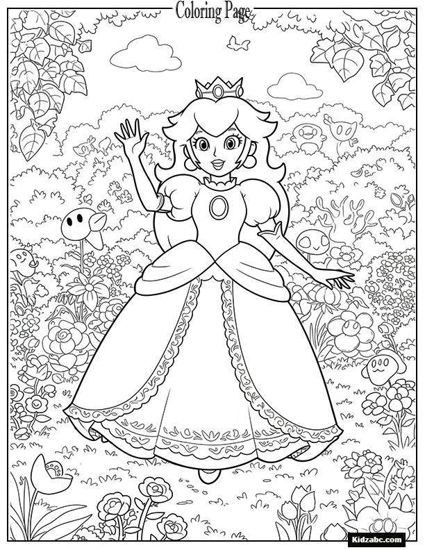 Princess Peach waving happily in a garden
