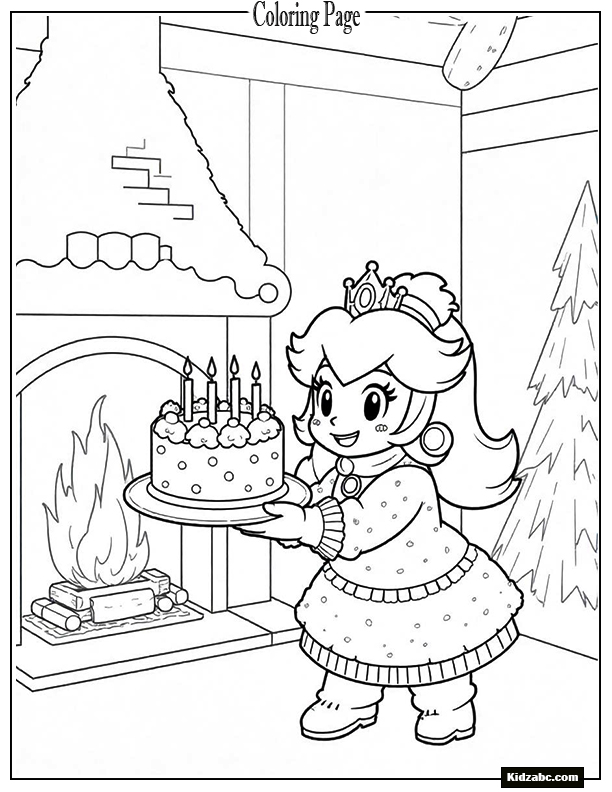Princess Peach with a birthday cake in front of the fireplace