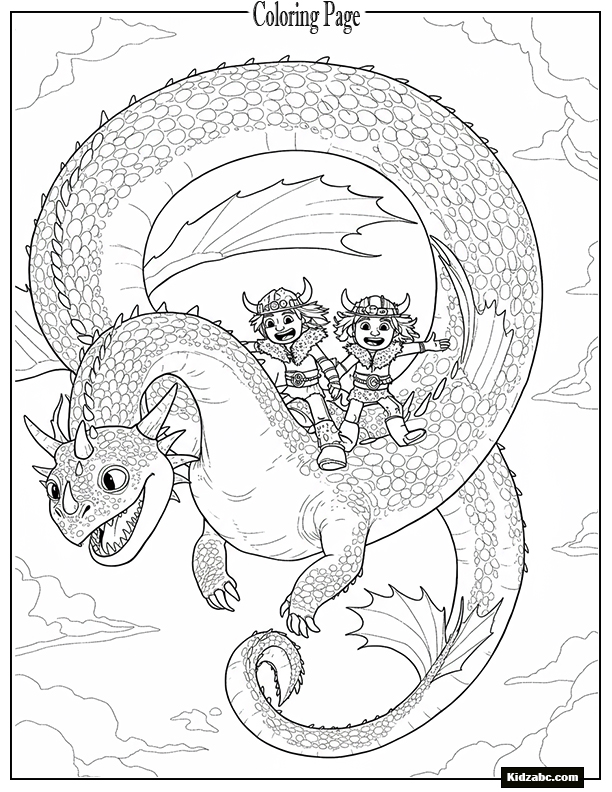 Ruffnut and Tuffnut riding a two-headed dragon in a loop-de-loop